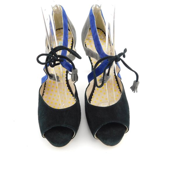 BODEN Black Gray Blue Suede Leather Tassel Tie Ankle Caged Heel Pumps 39 - Picture 3 of 10